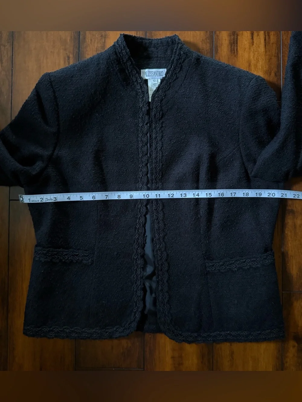 Vintage Alessandro Black Open-Front Textured Braided-Trim Blazer Jacket -Size 12